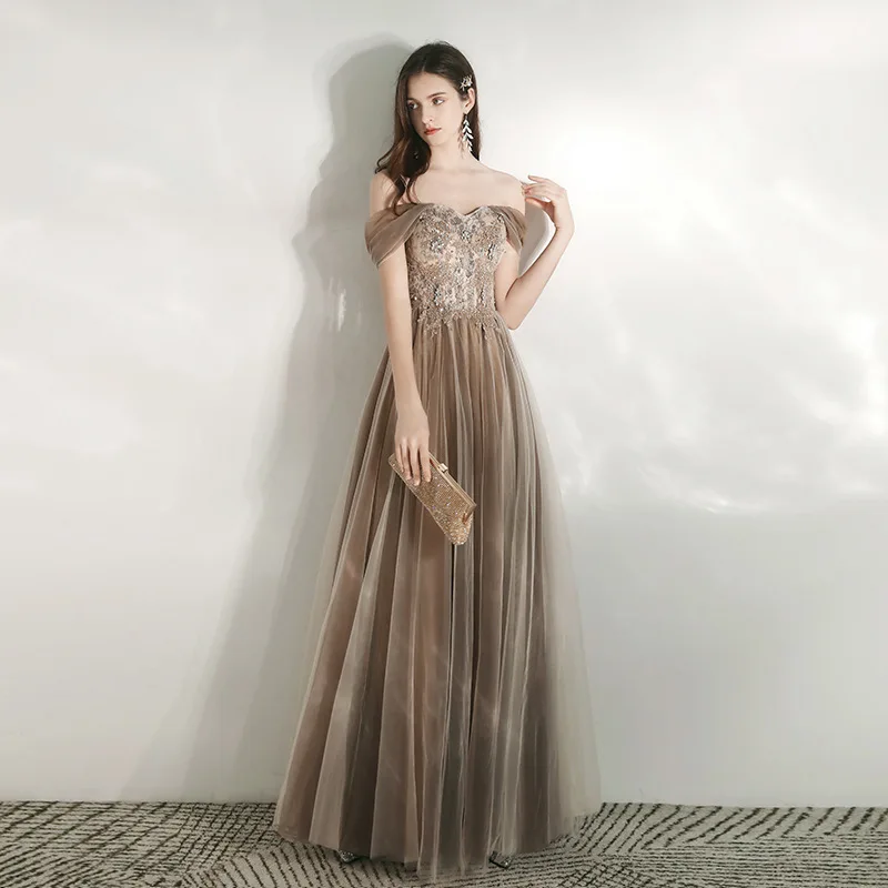

2022 Elegant Off The Shoulder Formal Evening Dresses Robe De Soiree Sequins Banquet Prom Gown Back Lace Up Plus Size Host Dress