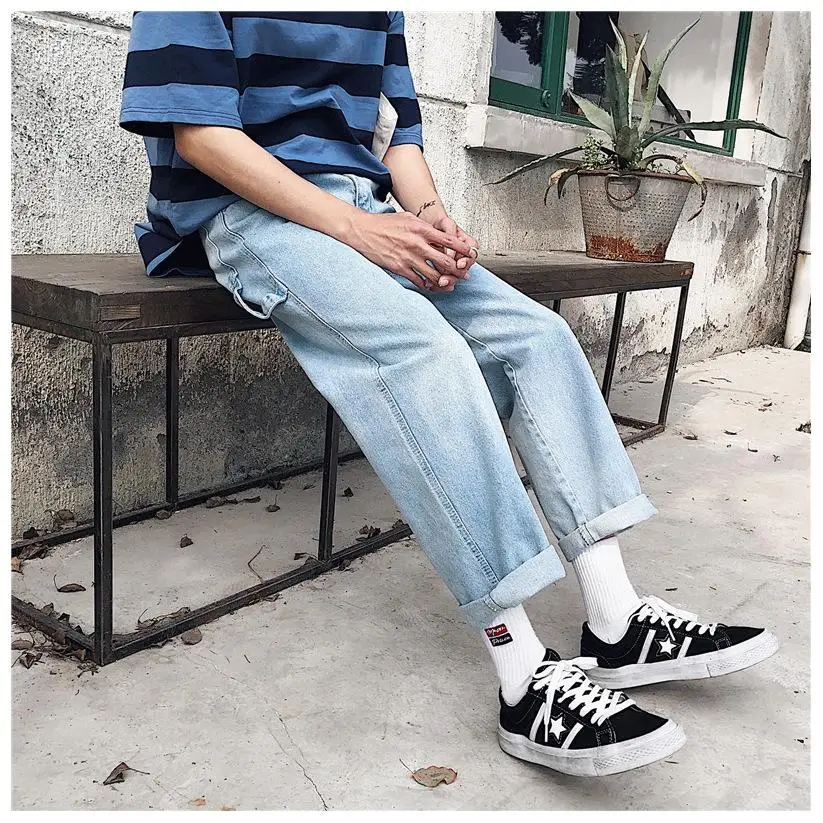 

Mens Loose Stretch Denim Pants 2019 Autumn Winter Streetwear Wide Leg Distressed Ripped Straight Trousers Jeans for Men