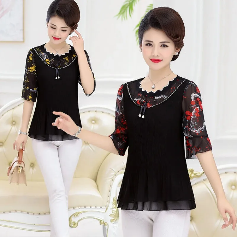 

2020 fashion Short-sleeved T-shirt Large Size Loose Chiffon Shirt Summer t shirts new middle-aged women's Clothing b417