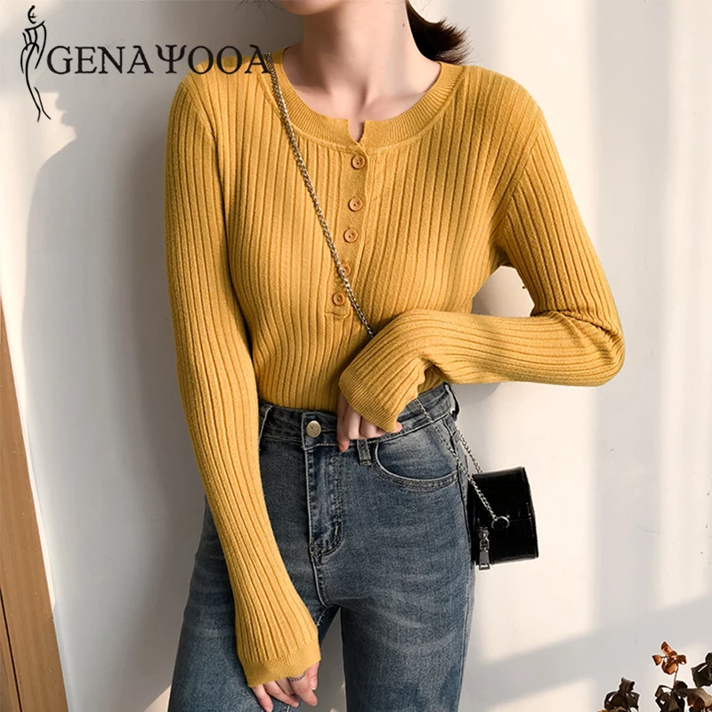 

Genayooa 2020 Autumn Cashmere Sweater Women Sweater Button Long Sleeve Knitted Casual Slim Sweater Female Korean Style 2020
