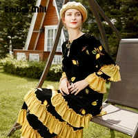 womens new autumn embroidery velvet dress black street style o neck petal sleeve loose mid length dress m 2xl