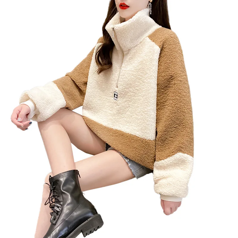 

Fashion Splicing Lamb Wool Sweat Women Sweatshirt Winter Warm Outware Pullover Jacket Cashmere Loose Half Turtleneck Cloths Coat
