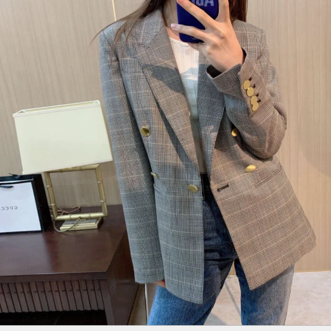 

100% Wool Coat Woman Retro Full Wool Double-breasted Ladies Plaid Blazer