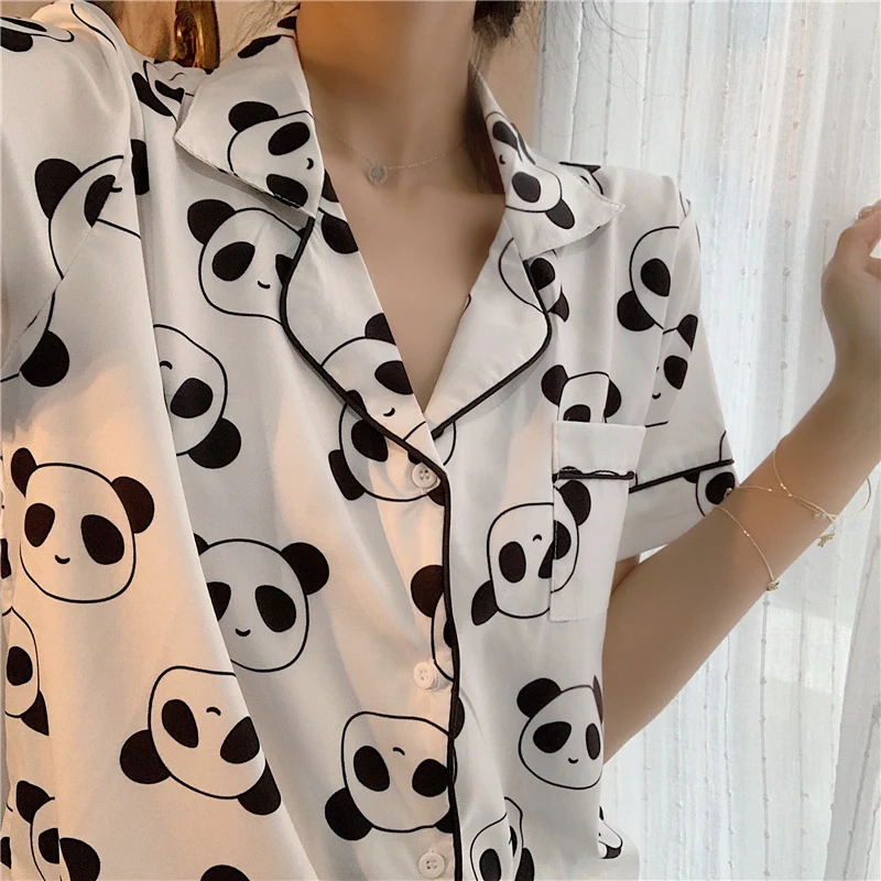 

Short Sleeve Silk Satin Shorts Pajama Sets for Women Cute Panda Print Summer 2021 Homewear Pijama Mujer Two Piece Woman Clothes