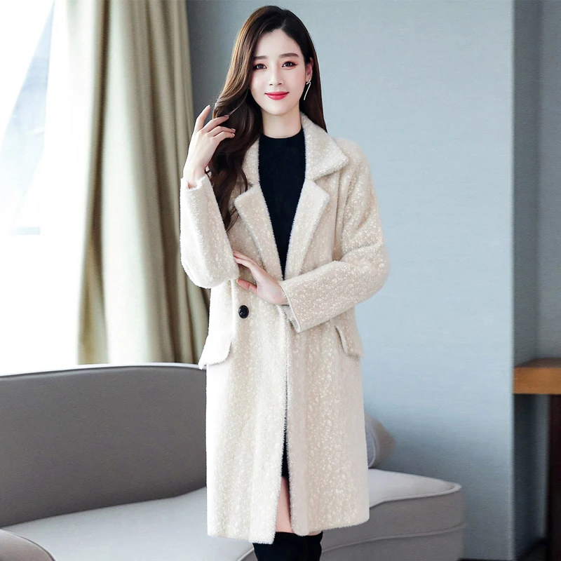 

2020 Autumn Winter New Women Coats Mid-Length Double-Breasted Imitation Mink Velvet Turn-Down Collar Fashion Slim Jacket Women