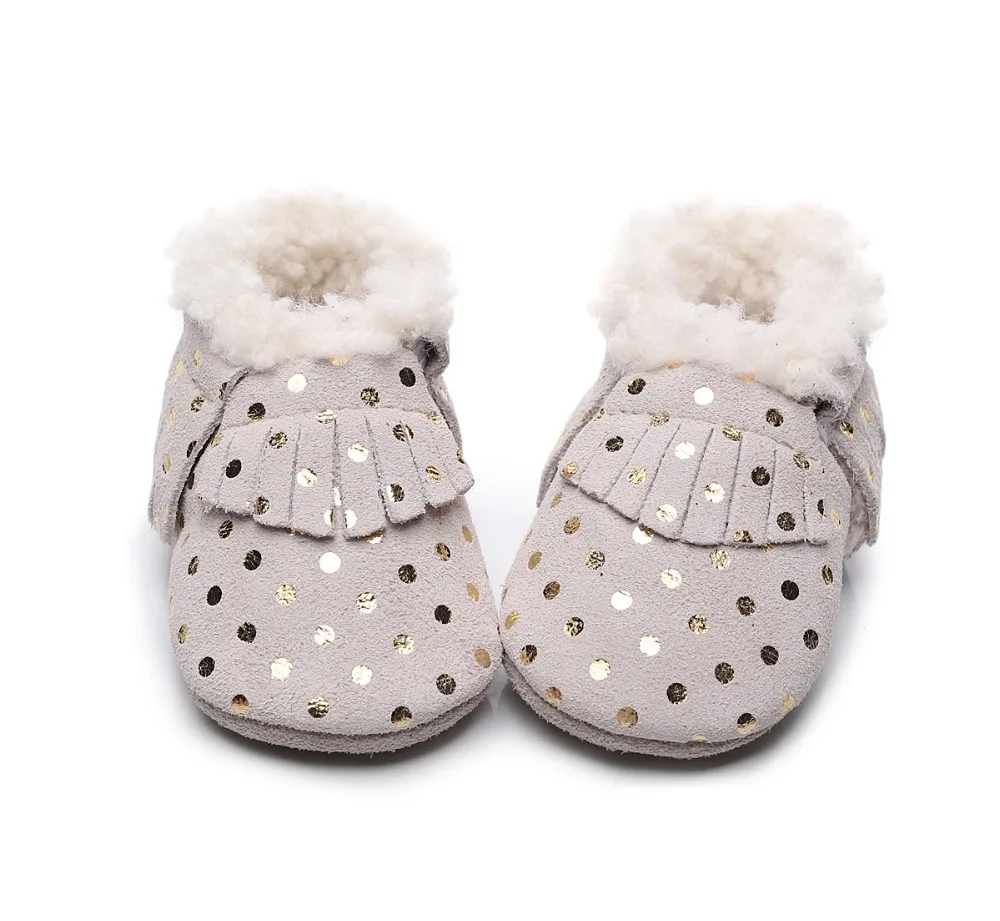 

Hot Sale Fringe Suede Warm Newborn Toddler Shoes Baby Winter Gold Dots Shiny Shoes Prewalker Hard Sole Moccasins High Quality