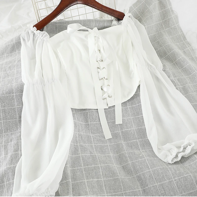 

Long Sleeve Crop Top White Chiffon Blouse Puff Sleeve Shirt Women Bandage Sexy Blusas Mujer De Moda 2022 Korean Square Neck Red