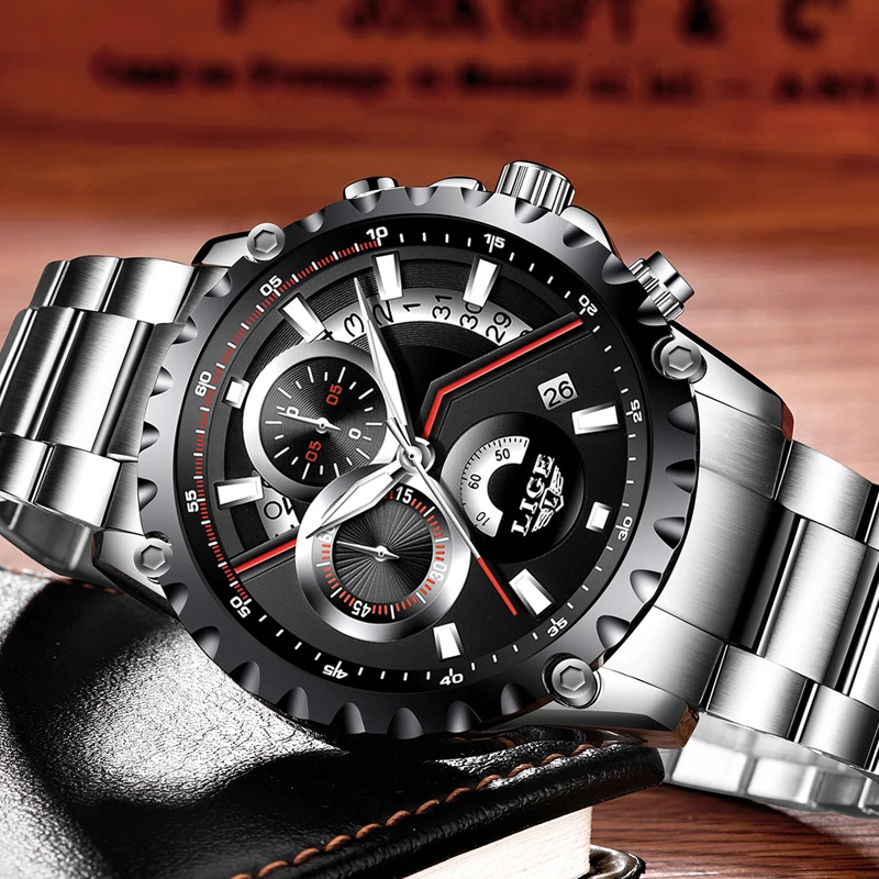 Модные мужские часы LIGE Топ бренд класса люкс Большой Циферблат