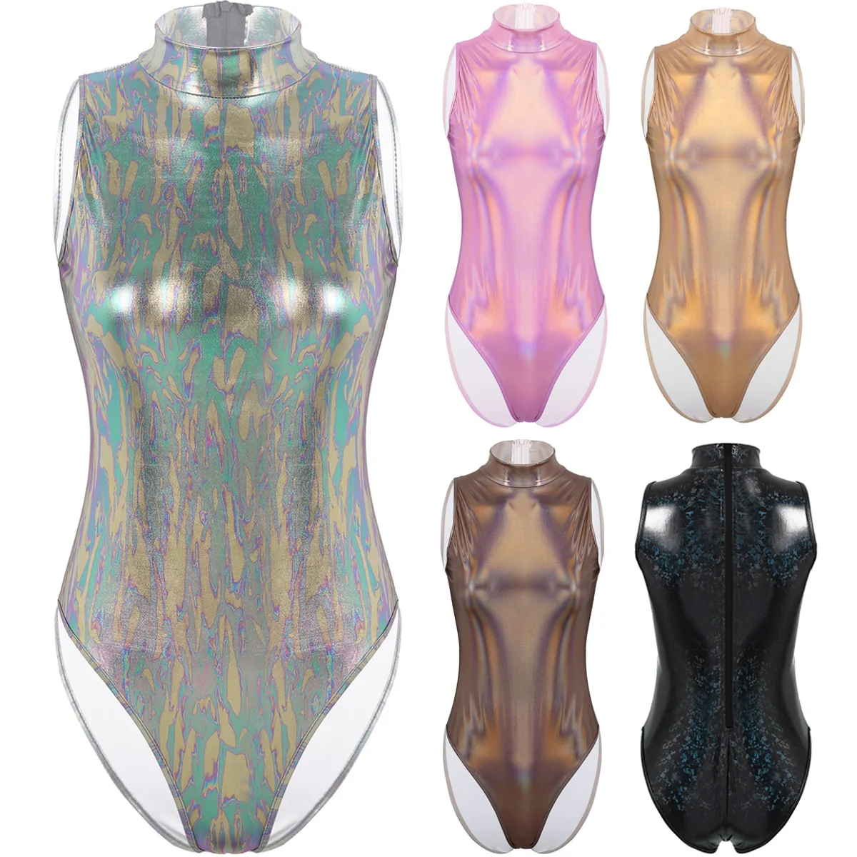 

Women's Hot Lingerie One-piece Swimsuit Costumes Shiny Metallic Mock Neck Sleeveless High Cut Leotard Catsuit Bodysuit Nightwear