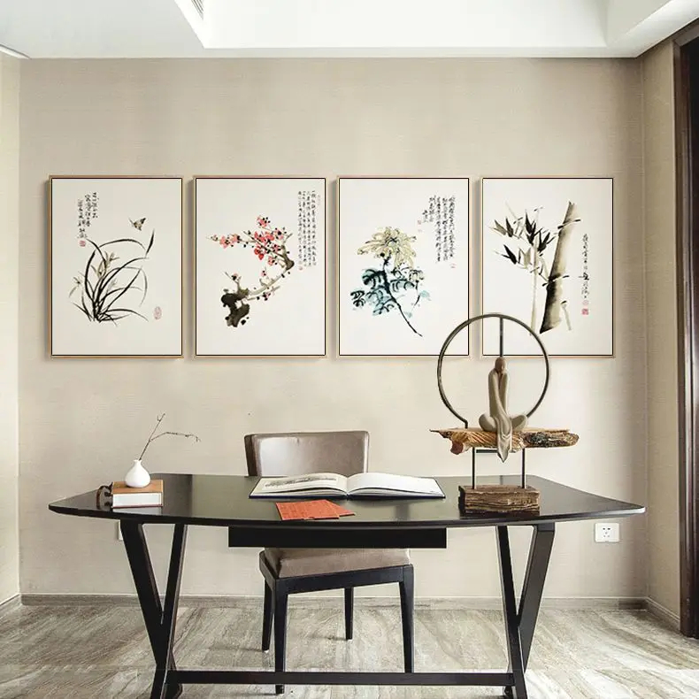 

Modern Chinese Ink Painting Style Canvas Print Painting Poster of Plum Blossom Orchid Bamboo Chrysanthemum,Unframed Wall Picture
