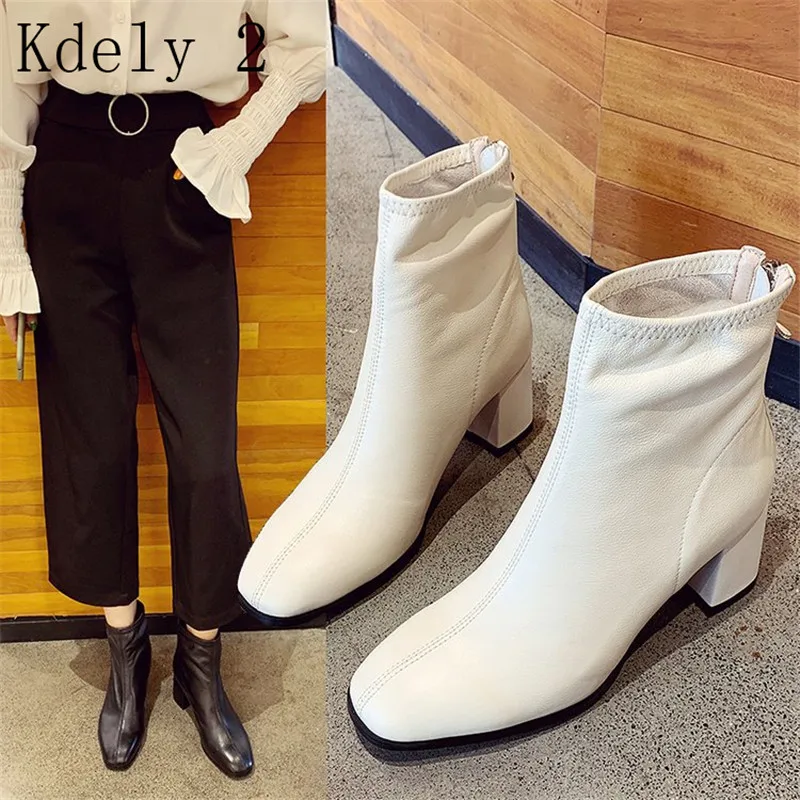 

White Black Women Boots Comfy Square High Heel Ankle Boots Fashion Pointed Toe Zipper Boots Autumn Winter Ladies Shoes 2019