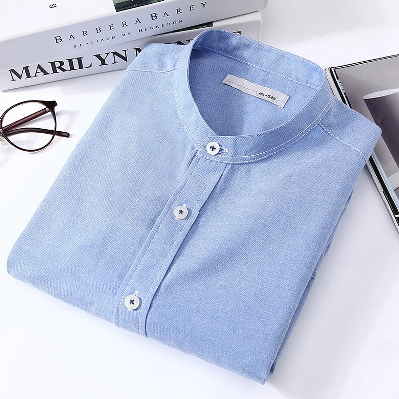 LANGMENG 2017 men plus size 5XL casual shirt mens long sleeve business shirts brand solid dress white blue Mandarin collar | Мужская
