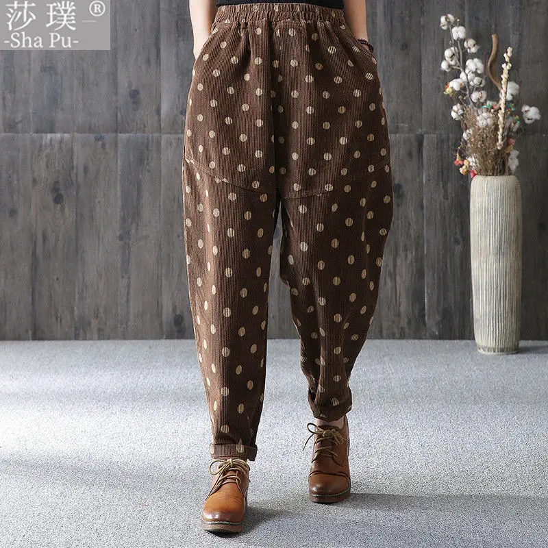 

Винтажные вельветовые штаны, женские, зимние, с высокой талией, с принтом в горошек, вельветовые повседневные штаны, плотные, свободные, разм...