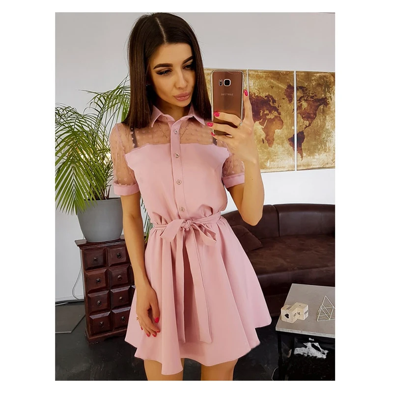 

Women's Dress Sweet Mesh Stitching Short Sleeved Dress Belt Hollow Fashion Small Sexy Solid Color Pastoral Style Playful Summer