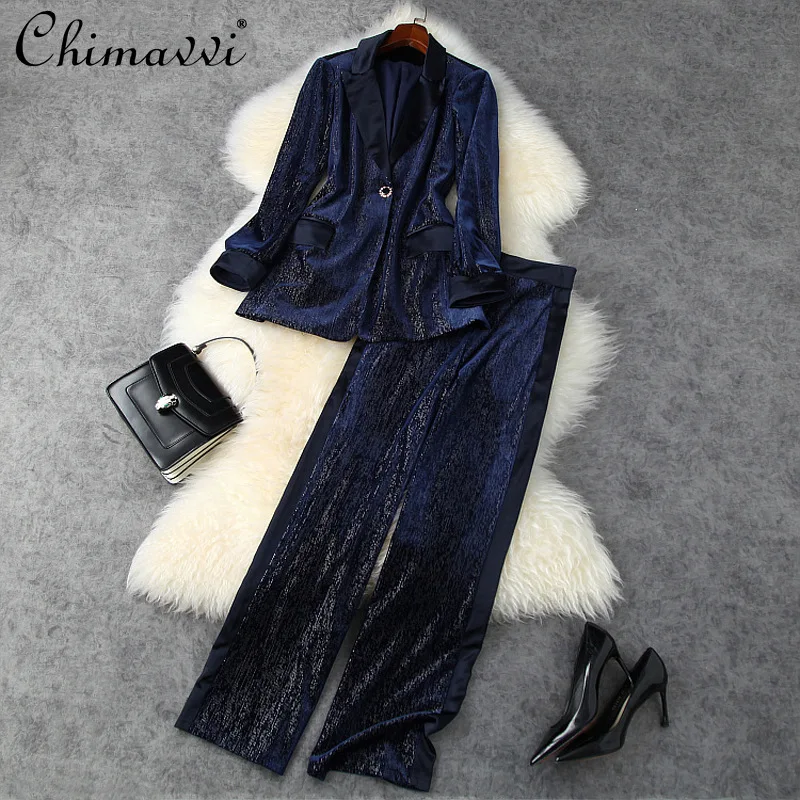 

2021 Autumn Winter Women's Clothing New Fashion Lamp Wick Ridge Bright Silk Blazer High-waist Wide Leg Pants Business Outfit