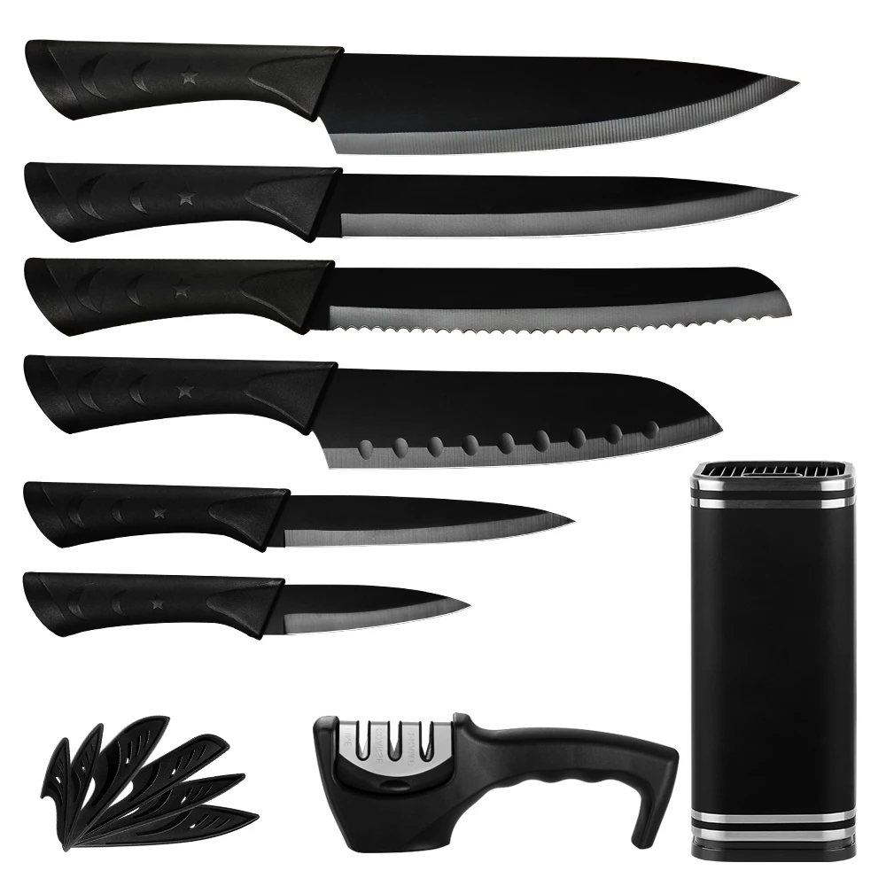 

ZEMEN 8 Piece Stainless Steel Kitchen Knife Set With Block Holder Sharp Chef Santoku Bread Utility Slicing Knives And Sharpener