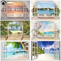 allenjoy summer window beach sea holiday background photography tree tropical balcony building vinyl photophone wallpaper