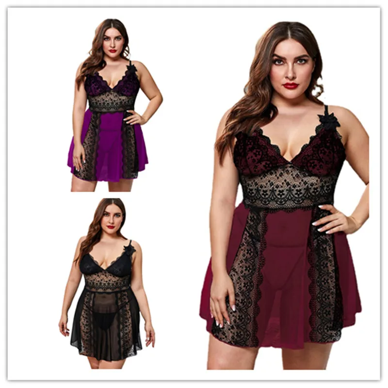 

Large Size Lace Contract-Color Suspender Pajamas European Closing Sexy Porno Lingerie for Women Three Colors Available