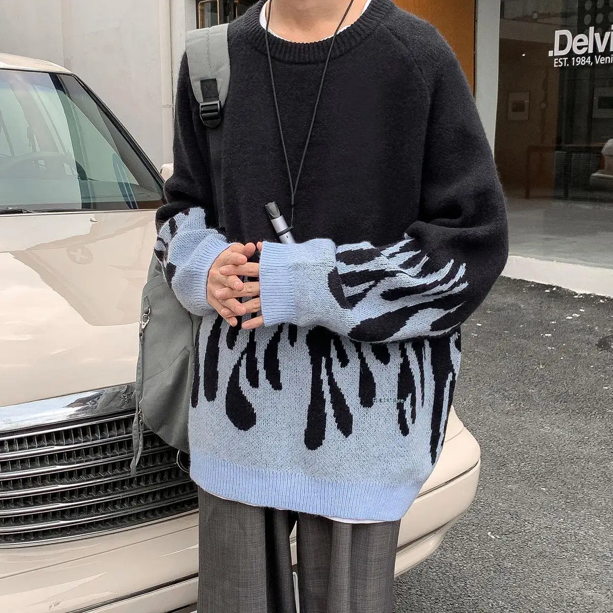 

Зимний мужской свитер, утепленный Свободный вязаный свитер с принтом пламени, топы для студентов, одежда, Осенний пуловер с круглым вырезом ...