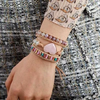 oaiite womens heart love bracelet rose quartz amazonite stone bangle set bohemian statement multilayers wrist jewelry dropship