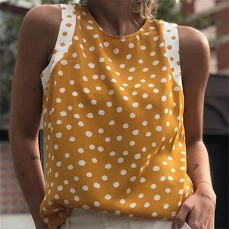 

Women 2020 Sexy Polka Dot Blouse Shirt O-Neck Sleeveless Tops Summer Fashion Ladies Chic Streetwear Top Blusa