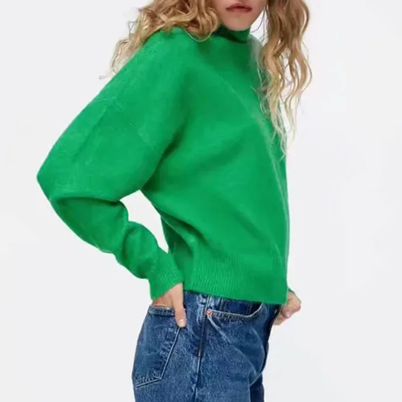 

zar Green Knitted Sweater Women Half high collar Sweater Woman Autumn Loose Korean Fashion Long Sleeve Knit Top Pullovers