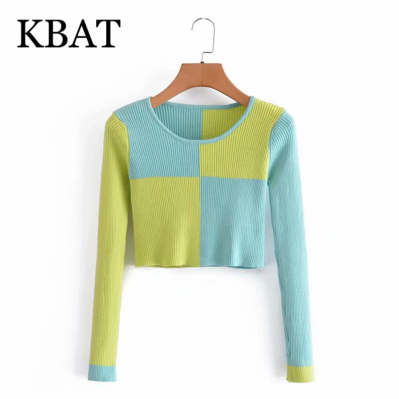 KBAT Women Jumper O Neck Female Pullovers Chic Tops Color Patchwork Crop Knitted Sweater