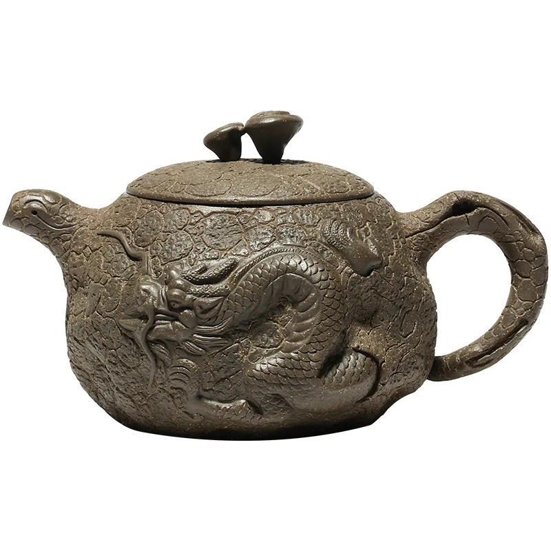 

Yixing purple clay teapot, pure handmade blue grey clay relief sculpture, Youlong Lingzhi spring teapot, kung fu tea set