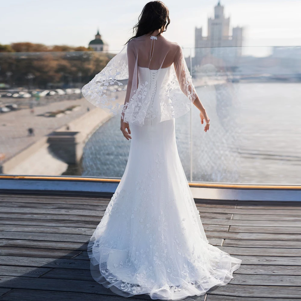 

Booma Lace Mermaid Wedding Dresses with shawl 2019 Elegant Appliqued Open Back Corset Lacing Bridal Gown Customized Plus Size