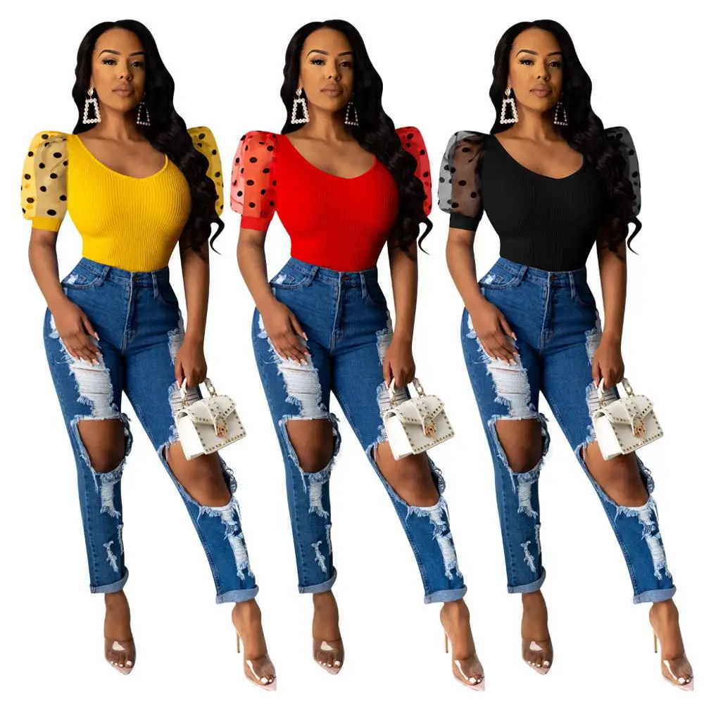 

New Women's T Shirts Puff Sleeve Dot Tee Shirts Women Tops