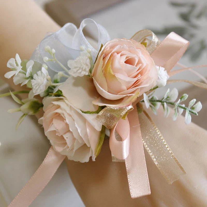 

Bride Corsage Wrist Flower Wedding Party Bridesmaid Sisters Group Hand Flower Dancer Hand Flowers For Prom Marriage Accessories
