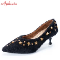 aphixta 2021 winter luxury stars rivets pumps women apricot warm 6cm thin heels casual furry office casual shoes big size 43