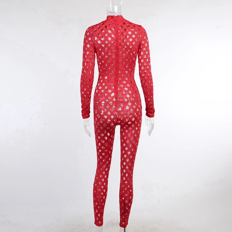 

Lyprerazy Women Hollow Out Sports Jumpsuits Turtleneck Sexy Net Plaid Hole Skinny Elastic Club Streetwear Solid Rompers Jumpsuit