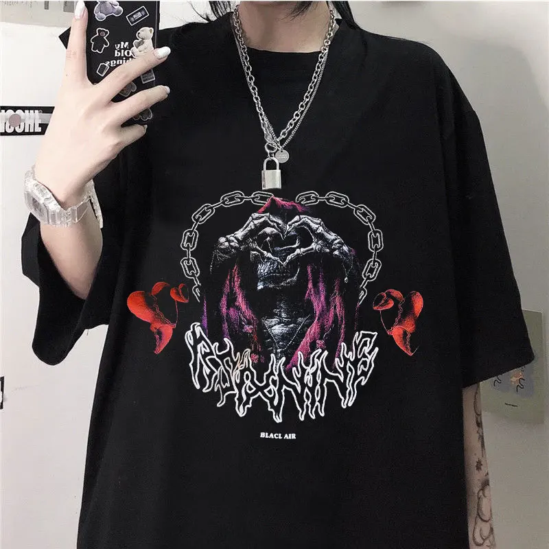 

New Ins Harajuku Plus Size Loose Print Top Gothic T-shirt Punk Tee Y2k T-shirt Summer Street Retrostyle T-shirt Women 00007