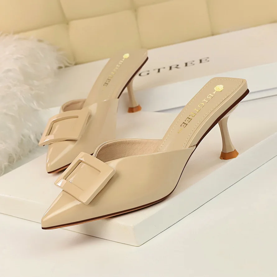 

Korean-style Simple High-Heel Patent Leather V Shallow Mouth Pointed Solid Color Belt Buckle Versatile WOMEN'S Slippers