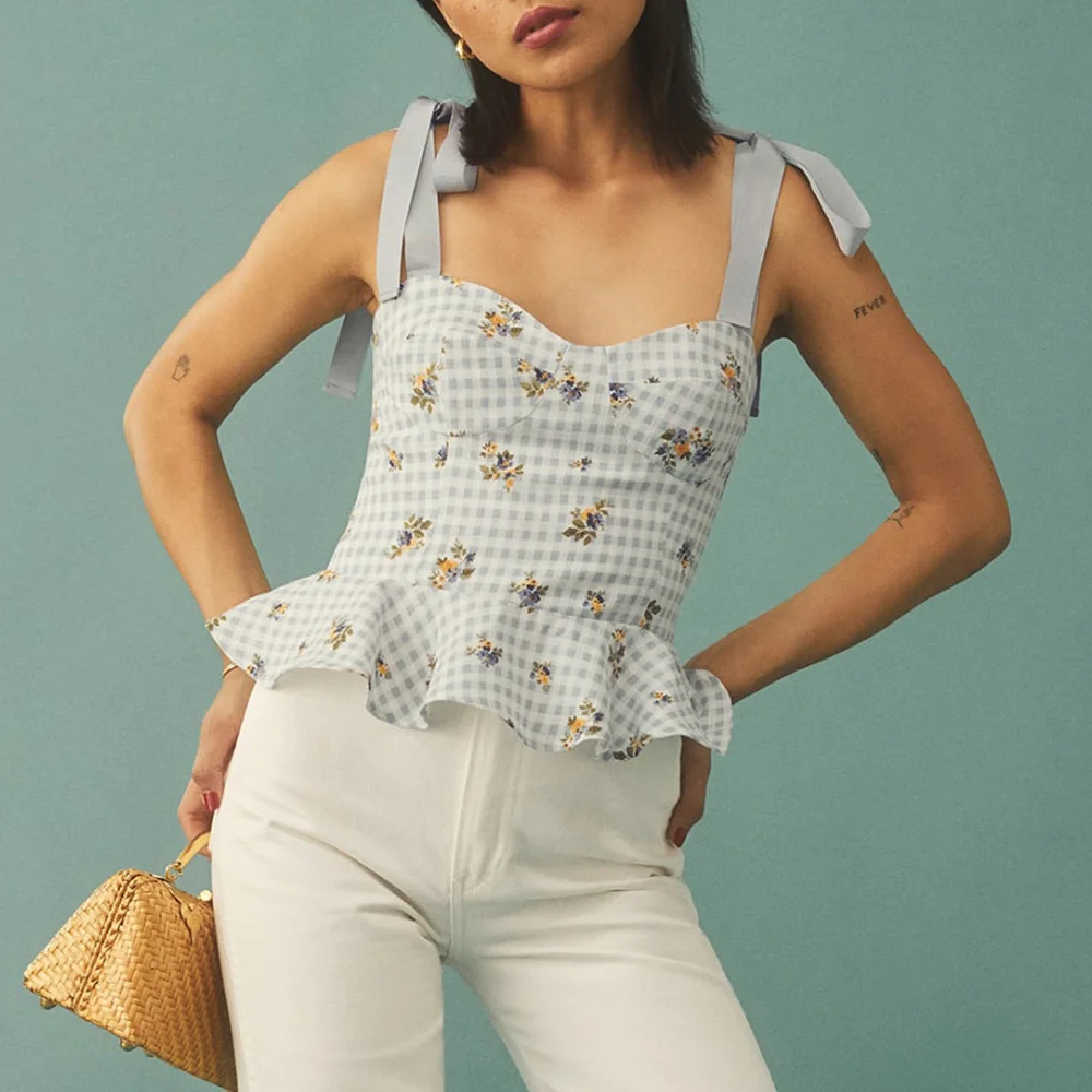 

Sweetheart Neck Casual Tops For Women Summer Sleeveless Tie Strap Cami Top Plaid Floral Vintage Elegant Peplum Ruffle Crop Top
