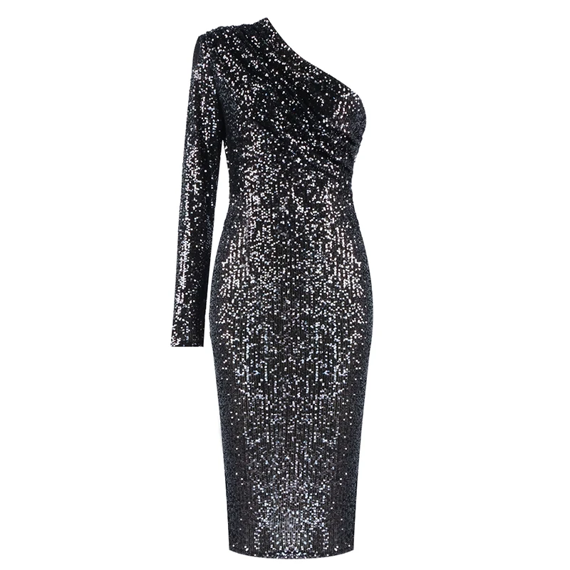 

2021 Women Sexy Designer One Shoulder Sequins Gold Silver Glitter Party Dress Elegant Evening Sparkly Chic Club Dress Vestidos