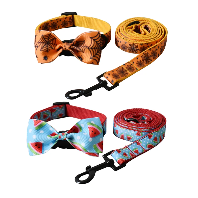 

Dog collar with bow tie for small medium dogs Halloween pet traction rope free engrave ID name cat puppy necklace straps leash