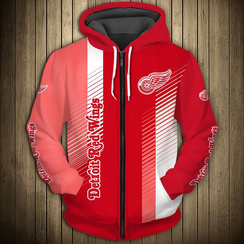 

Detroit men's casual 3D zipper hoodie Stitching stripes design flame wings print Red Wings sweatshirt