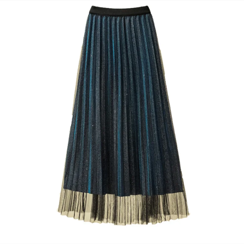 

2020 Autumn New Women Fashion Simple Gradient Mesh Pleated Skirt High Waist Casual Elastic Band Women Long Skirt Free Shipping