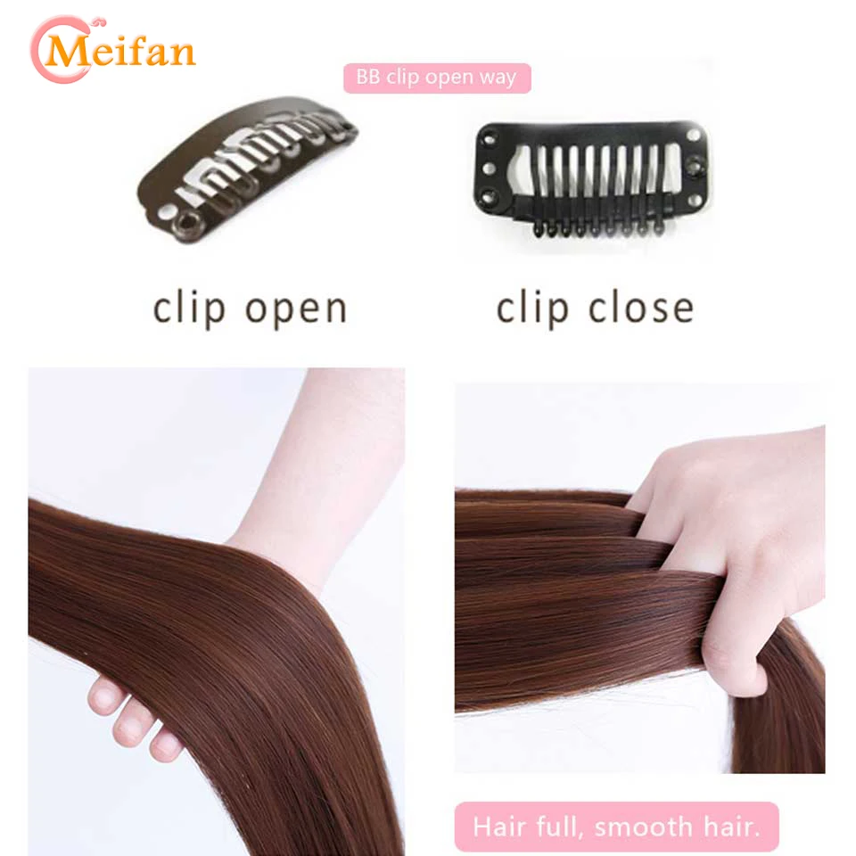 MEIFAN, 60 см, черный, коричневый, высокая температура, синтетические волосы для женщин, длинные, натуральные, шелковистые, прямые, 5 клипов, для наращивания волос
