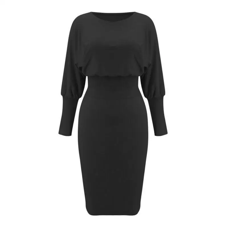 Женское платье элегантное облегающее однотонное с рукавами-фонариками круглым