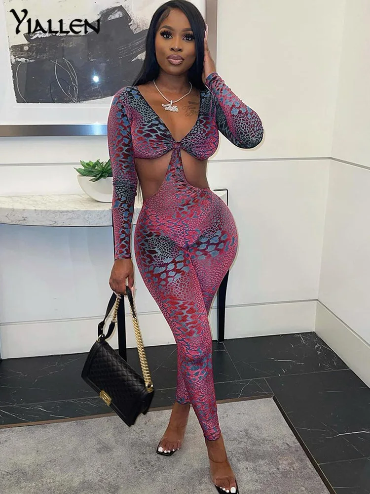 

Комбинезон Yiallen женский с градиентным принтом, пикантный приталенный ромпер с V-образным вырезом и длинным рукавом, полуночная одежда