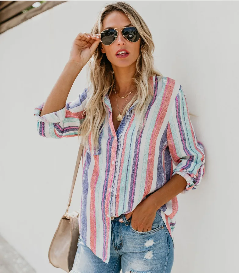 

Autumn Striped Oversized Womens Shirt Long Sleeve Single Breasted Shirts Female Office Fashion Streetwear Casual Ladies Top