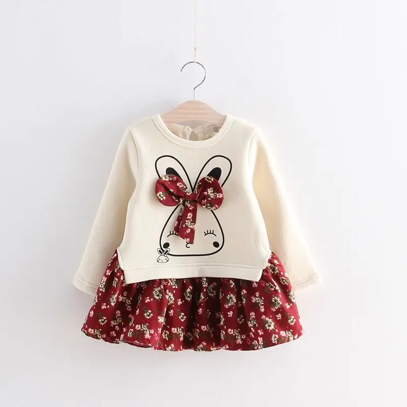 

Autumn And Winter Warm Dress Children'S Casual Clothing Cute Cartoon Floral Bow And Velvet Stitching Mini Dress For Little Girls