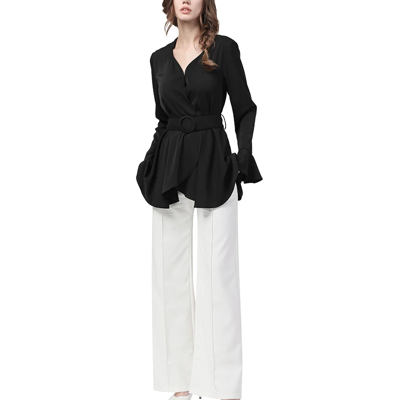 

Fashion Autumn Women' Shirt Solid Color Flared Sleeve V-Neck Irregular Long Tops With Belt Elegant Street Wear Female Blouses