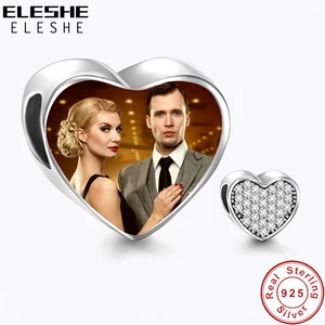 Подлинный ELESHE 925 серебро сердце, Очаровательные бусы, соответствуют оригинальному браслету, пользовательские фотографии имени производителем с украшением в виде кристаллов CZ браслеты с подвесками сделай сам, ювелирное изделие