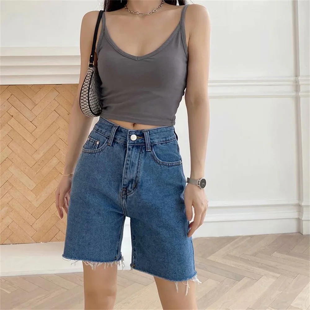 

Summer new style street solid color high waist five-point jeans women, solid color thinner love embroidered denim shorts women