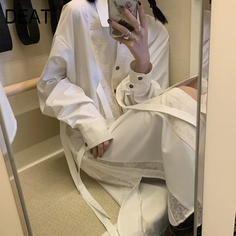

DEAT 2021 new spring fashion white cotton and linen shirt dress single breasted turn-down collar full sleeves spliced vestido