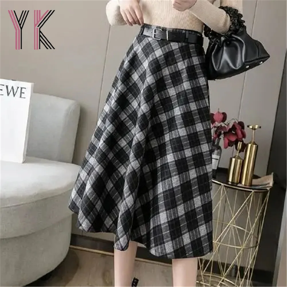 

Back Elastic Plaid Wool Blend Big Swing Midi Skirts Drape Belt Elegant Aesthetic Vintage Sukienka Loose Korean Wild Women Saia